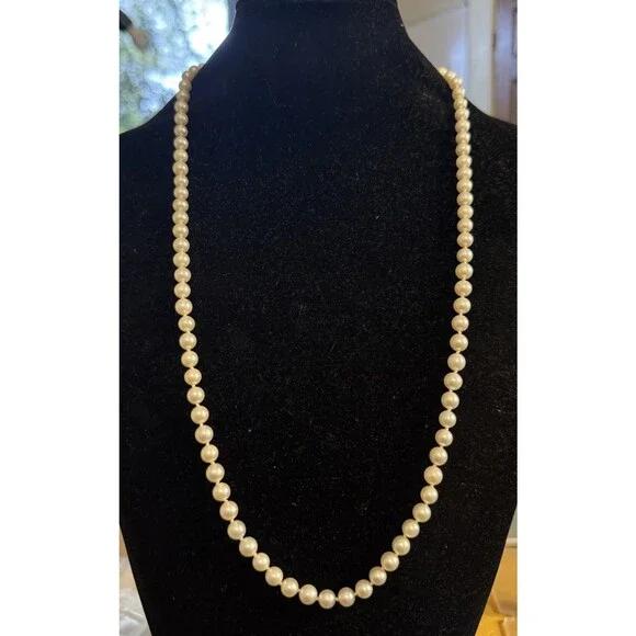 Estate Designer 14K Yellow Gold 6 mm Hand Knotted Pearl Necklace - Picture 6 of 8